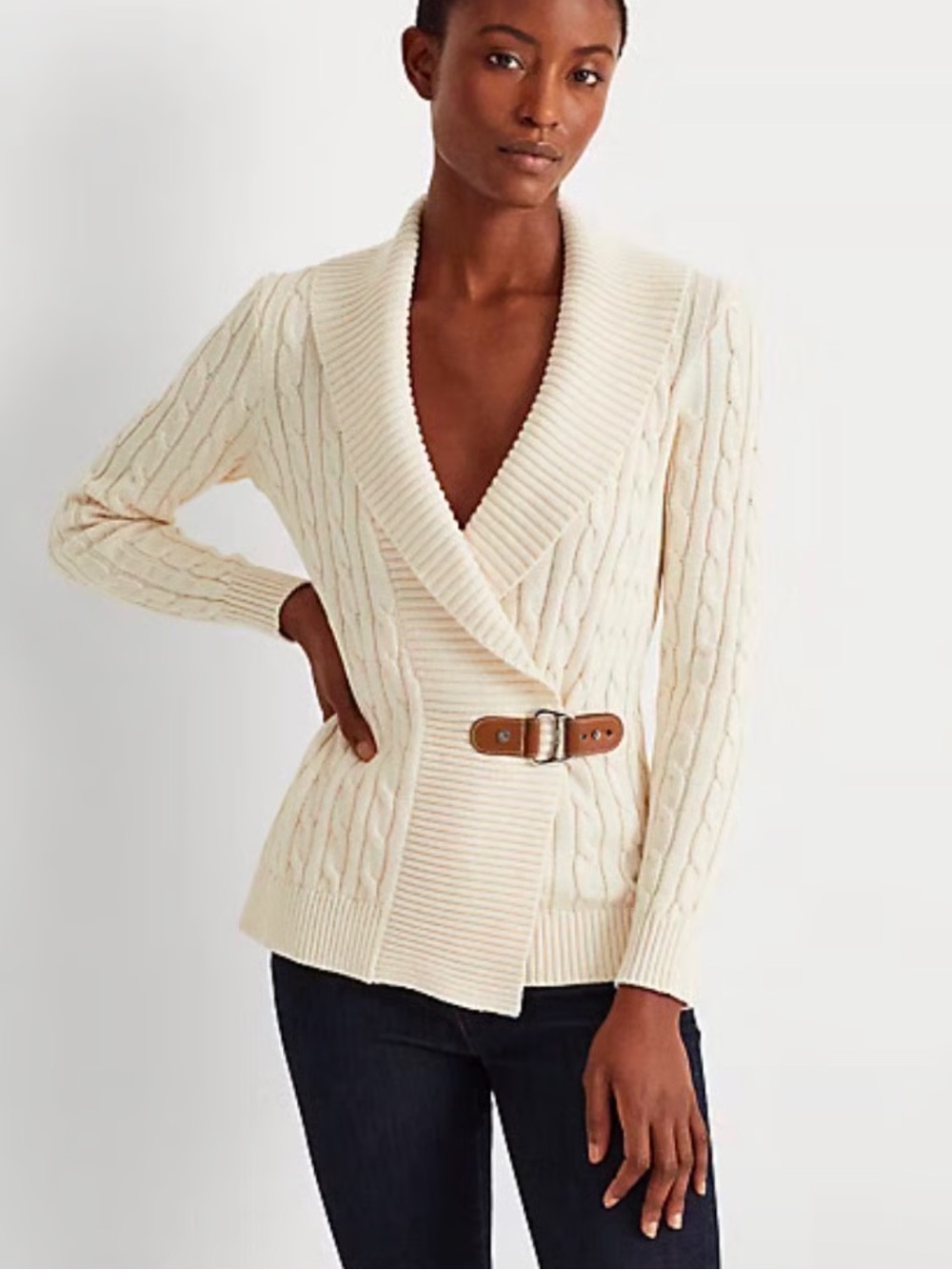 Lauren Ralph Lauren Large Cable Knit Buckle Cardigan Minimal Preppy Cream